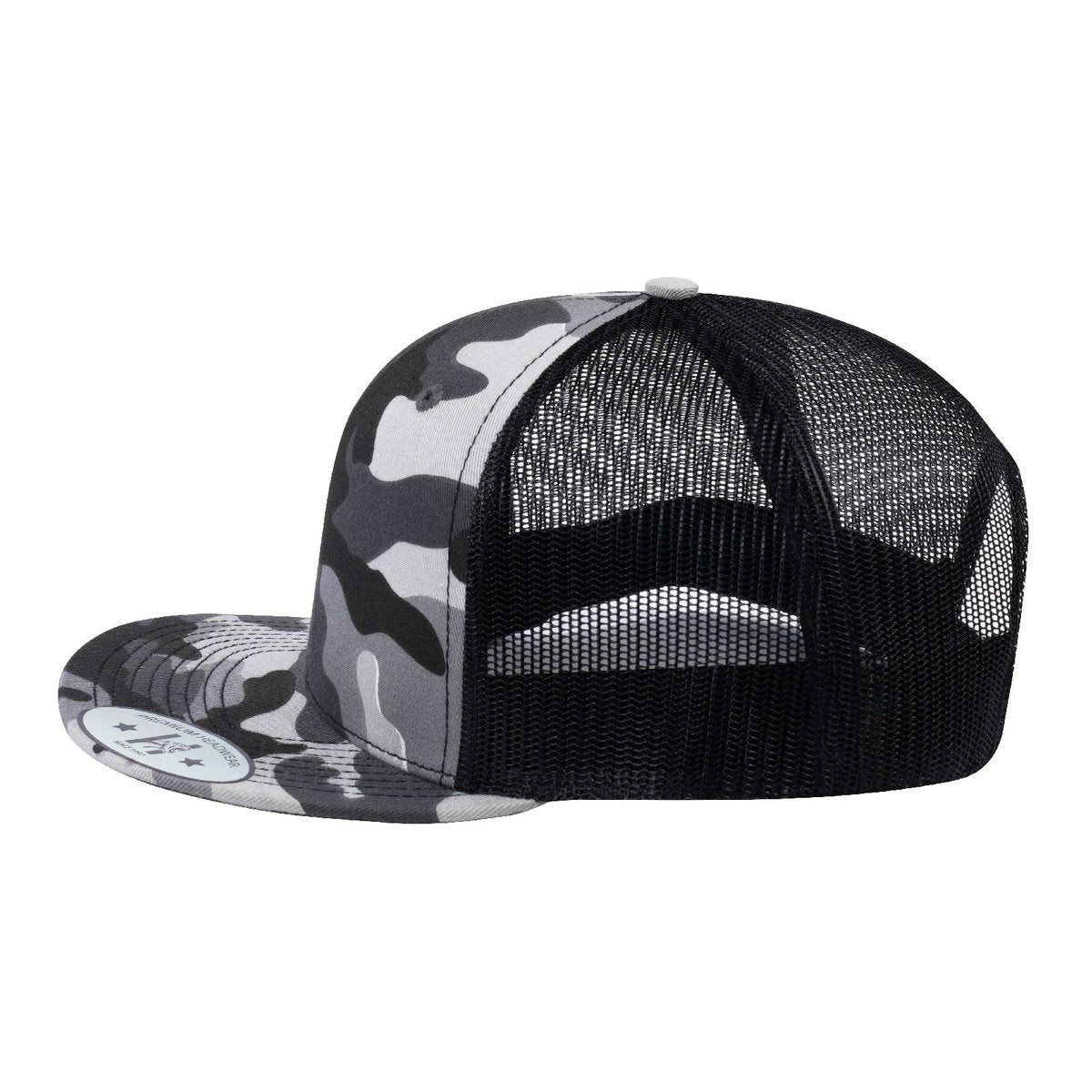 Blank 6-Panel Snapback Flat Bill Trucker Hat with Black Camo front and Black back
