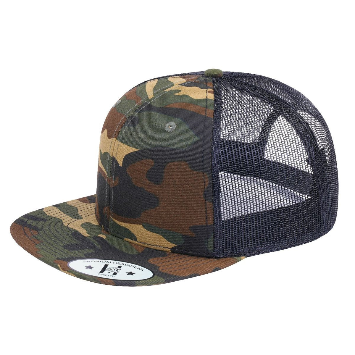 Blank 6-Panel Snapback Flat Bill Trucker Hat with Army Green Camo front and Black back