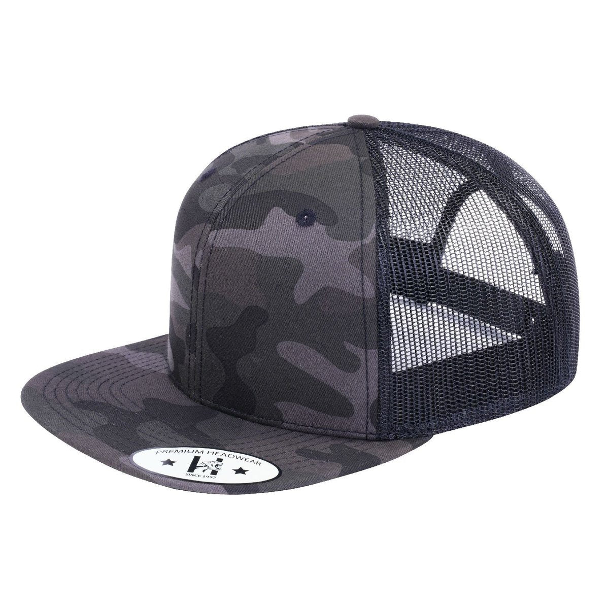 Blank 6-Panel Snapback Flat Bill Trucker Hat with Grey Camo front and Black back