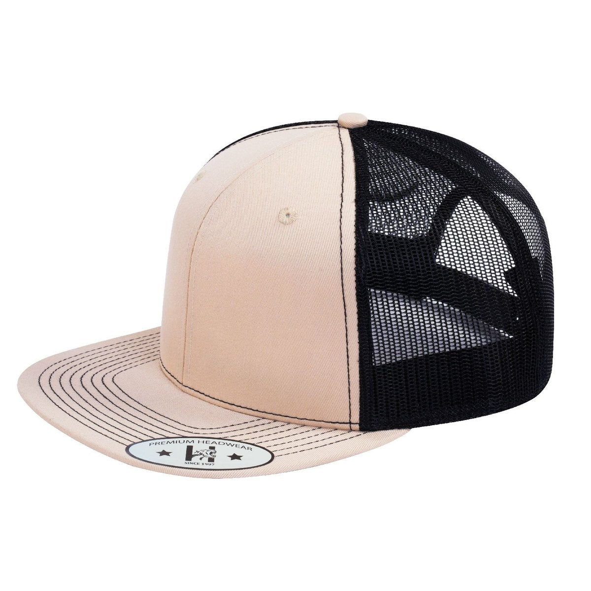 Blank 6-Panel Snapback Flat Bill Trucker Hat with Beige front and Black back