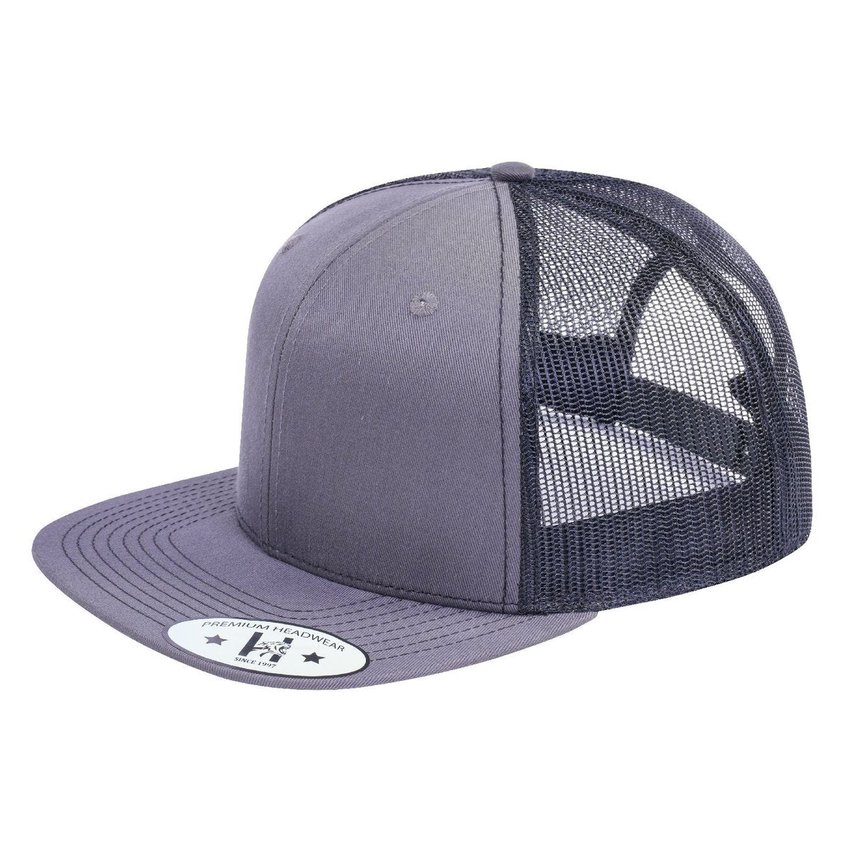 Blank 6-Panel Snapback Flat Bill Trucker Hat with Dark Grey front and Black back