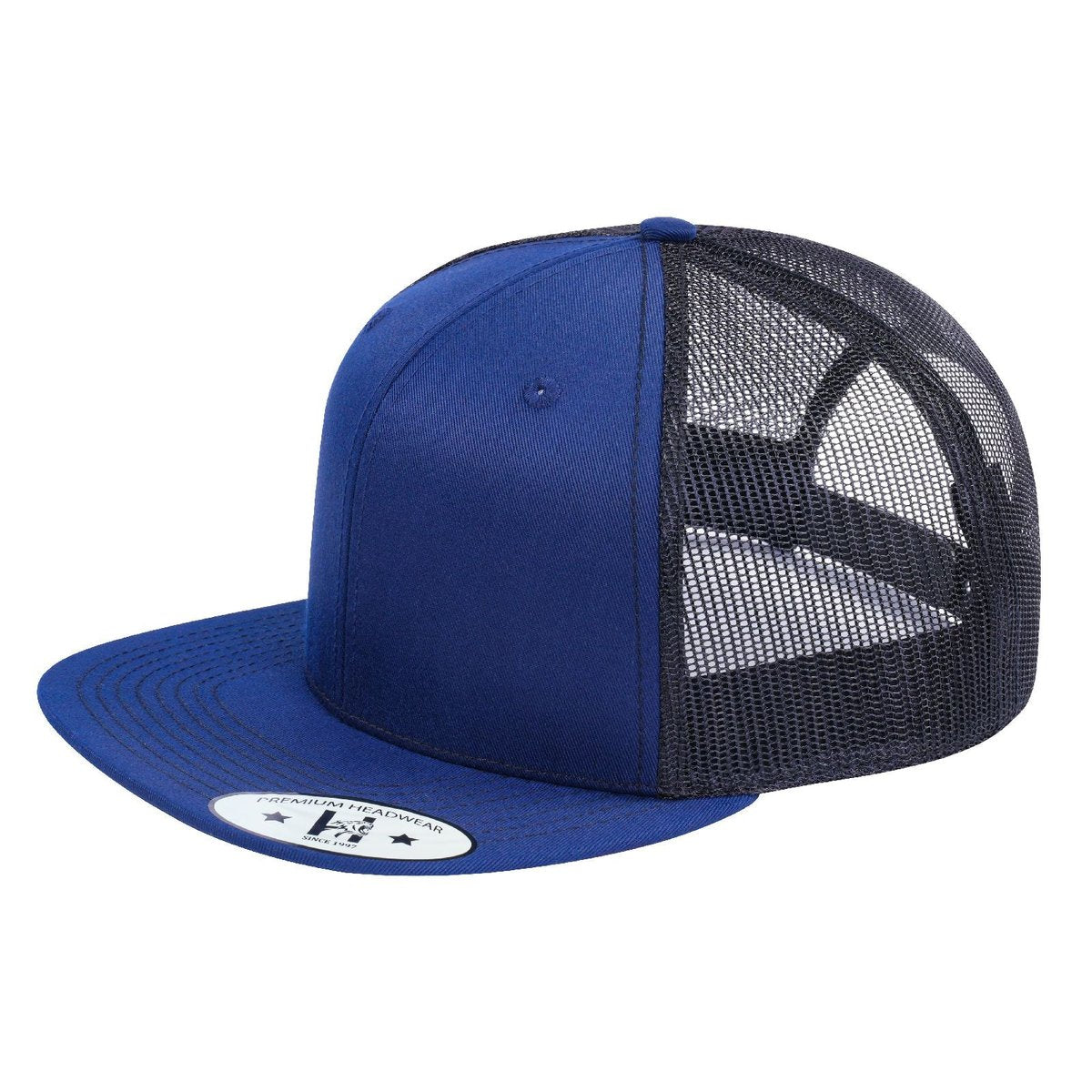 Blank 6-Panel Snapback Flat Bill Trucker Hat with Navy front and Black back
