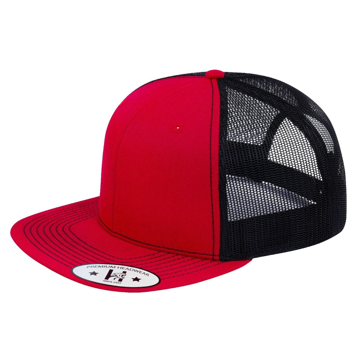 Blank 6-Panel Snapback Flat Bill Trucker Hat with Red front and Black back