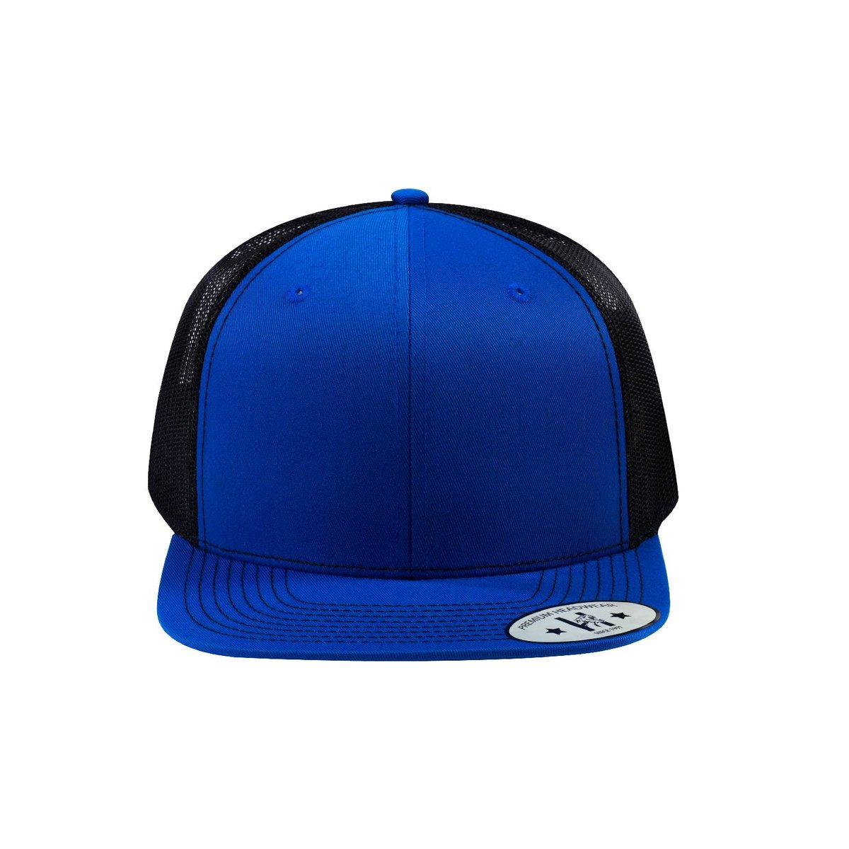 Blank 6-Panel Snapback Flat Bill Trucker Hat with Royal Blue front and Black back