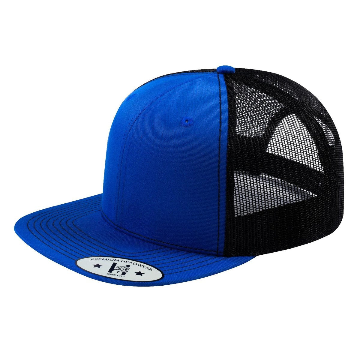 Blank 6-Panel Snapback Flat Bill Trucker Hat with Royal Blue front and Black back