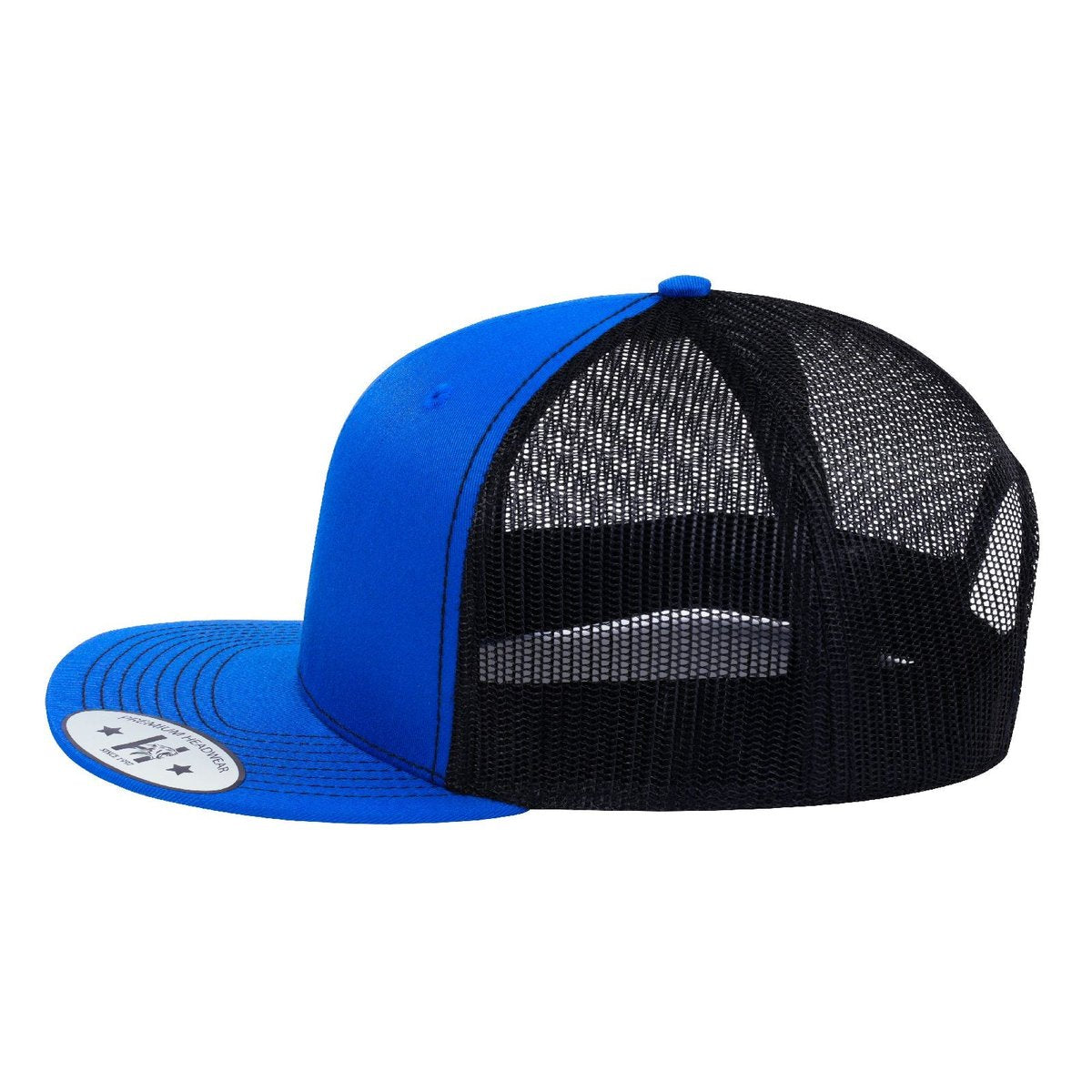Blank 6-Panel Snapback Flat Bill Trucker Hat with Royal Blue front and Black back