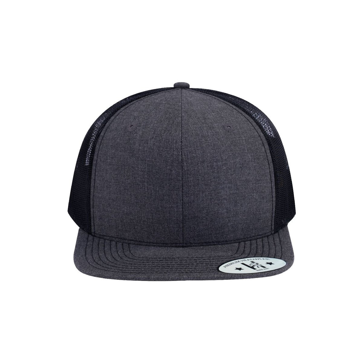 Blank 6-Panel Snapback Flat Bill Trucker Hat with Dark Grey Heather front and Black back