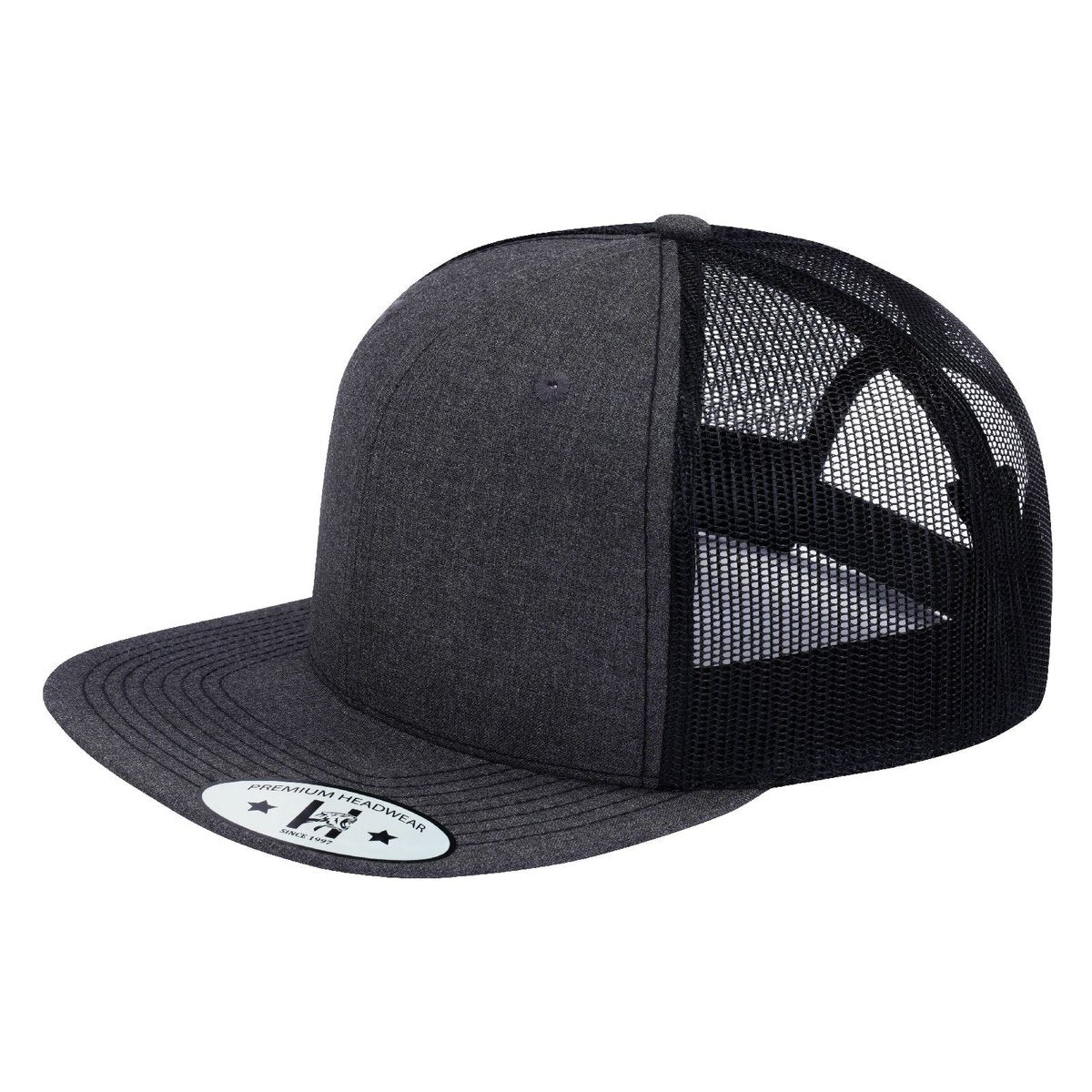 Blank 6-Panel Snapback Flat Bill Trucker Hat with Dark Grey Heather front and Black back