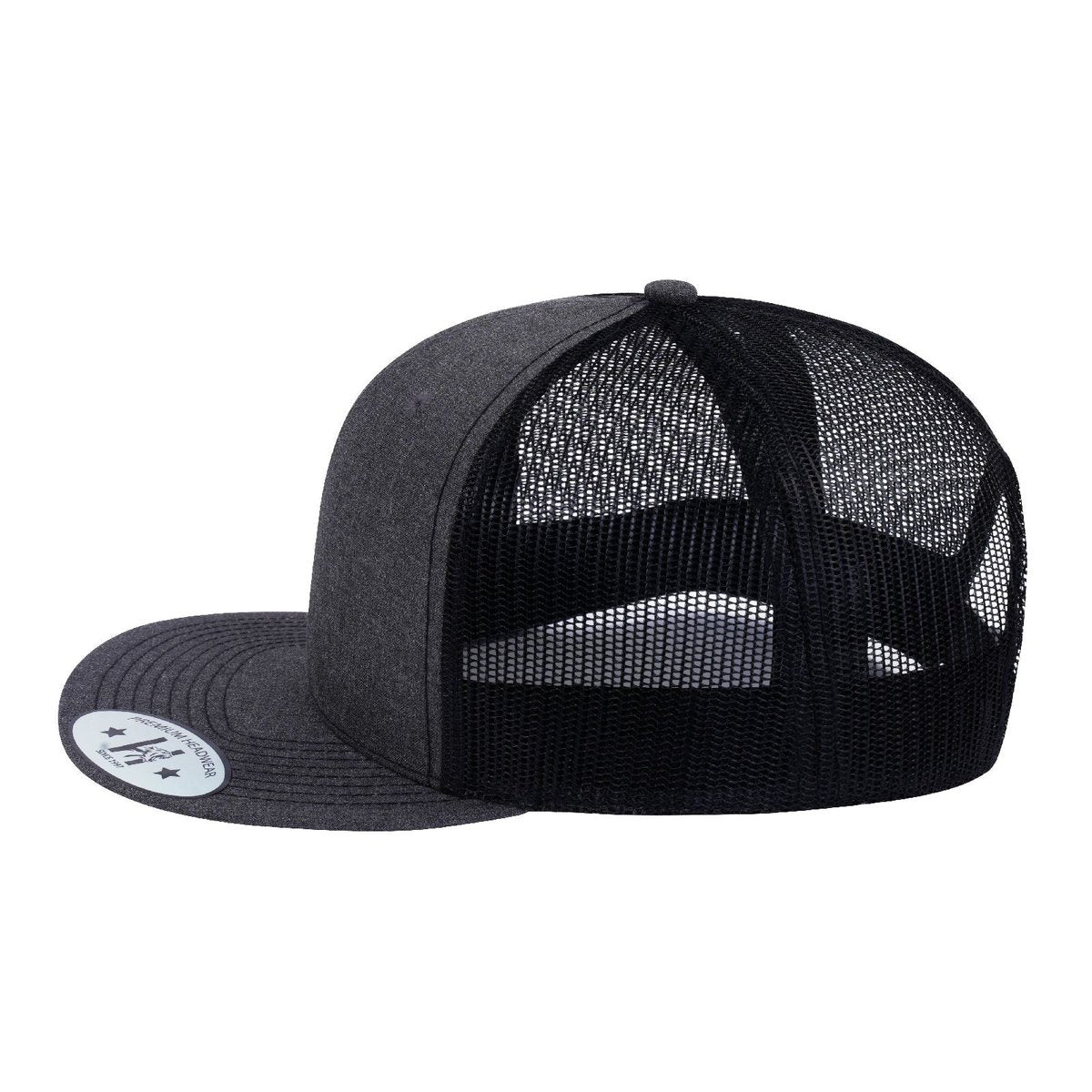 Blank 6-Panel Snapback Flat Bill Trucker Hat with Dark Grey Heather front and Black back