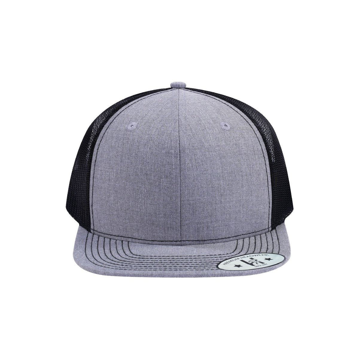 Blank 6-Panel Snapback Flat Bill Trucker Hat with Light Grey Heather front and Black back