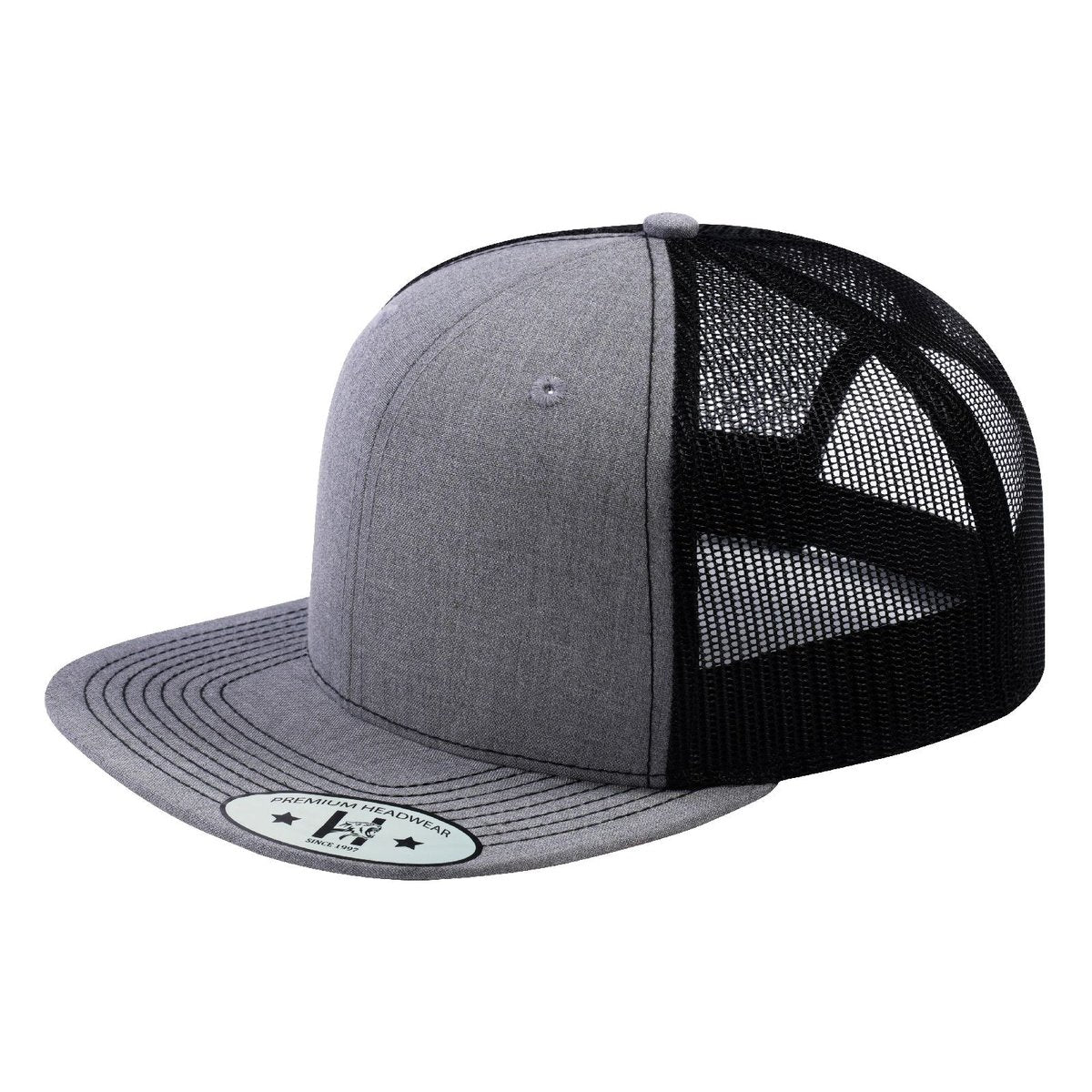 Blank 6-Panel Snapback Flat Bill Trucker Hat with Light Grey Heather front and Black back