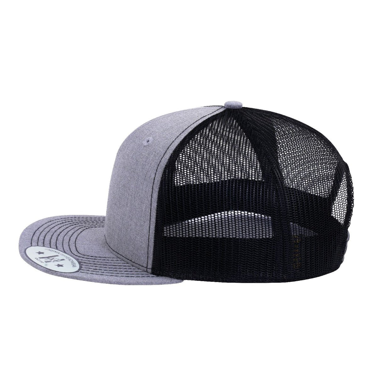 Blank 6-Panel Snapback Flat Bill Trucker Hat with Light Grey Heather front and Black back