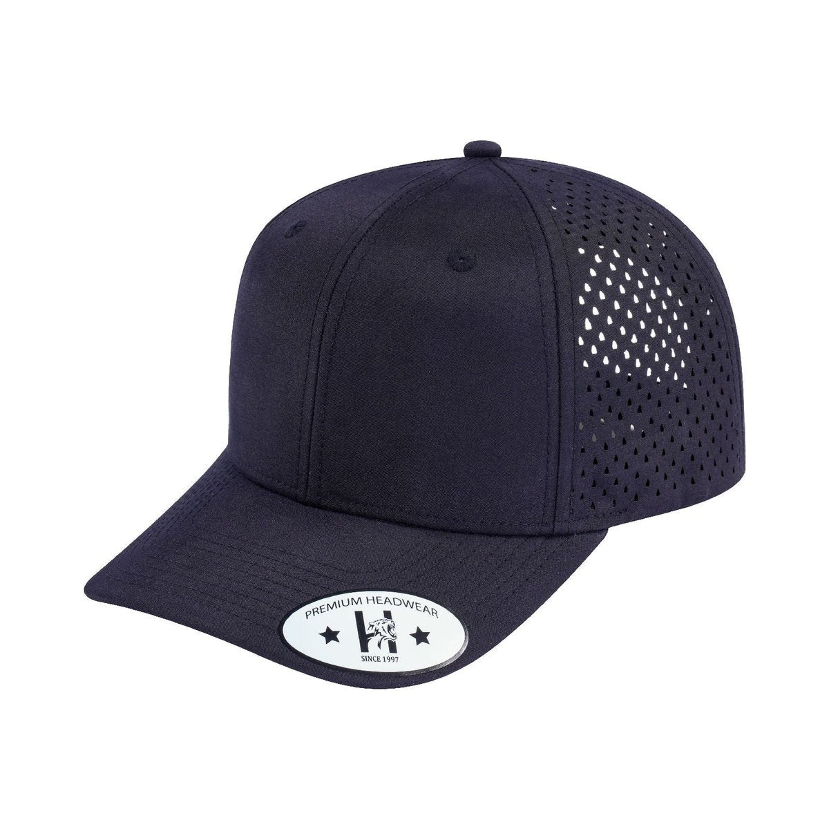 Blank 6-Panel Microfiber Laser Hole Trucker Hat with Black front and Black back
