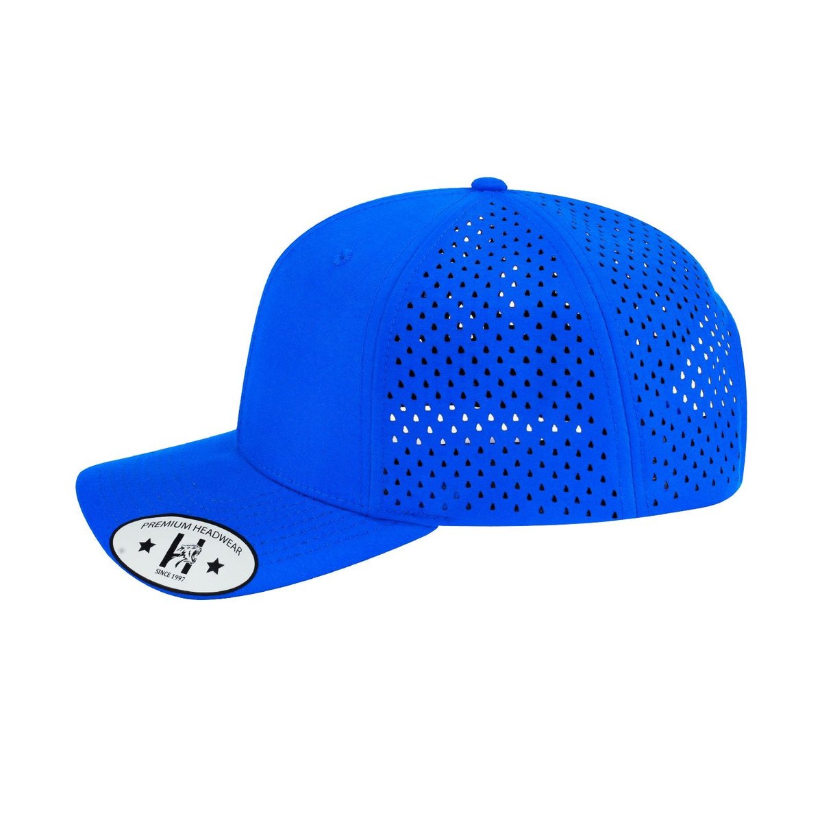 Blank 6-Panel Microfiber Laser Hole Trucker Hat with Royal Blue front and Royal Blue back