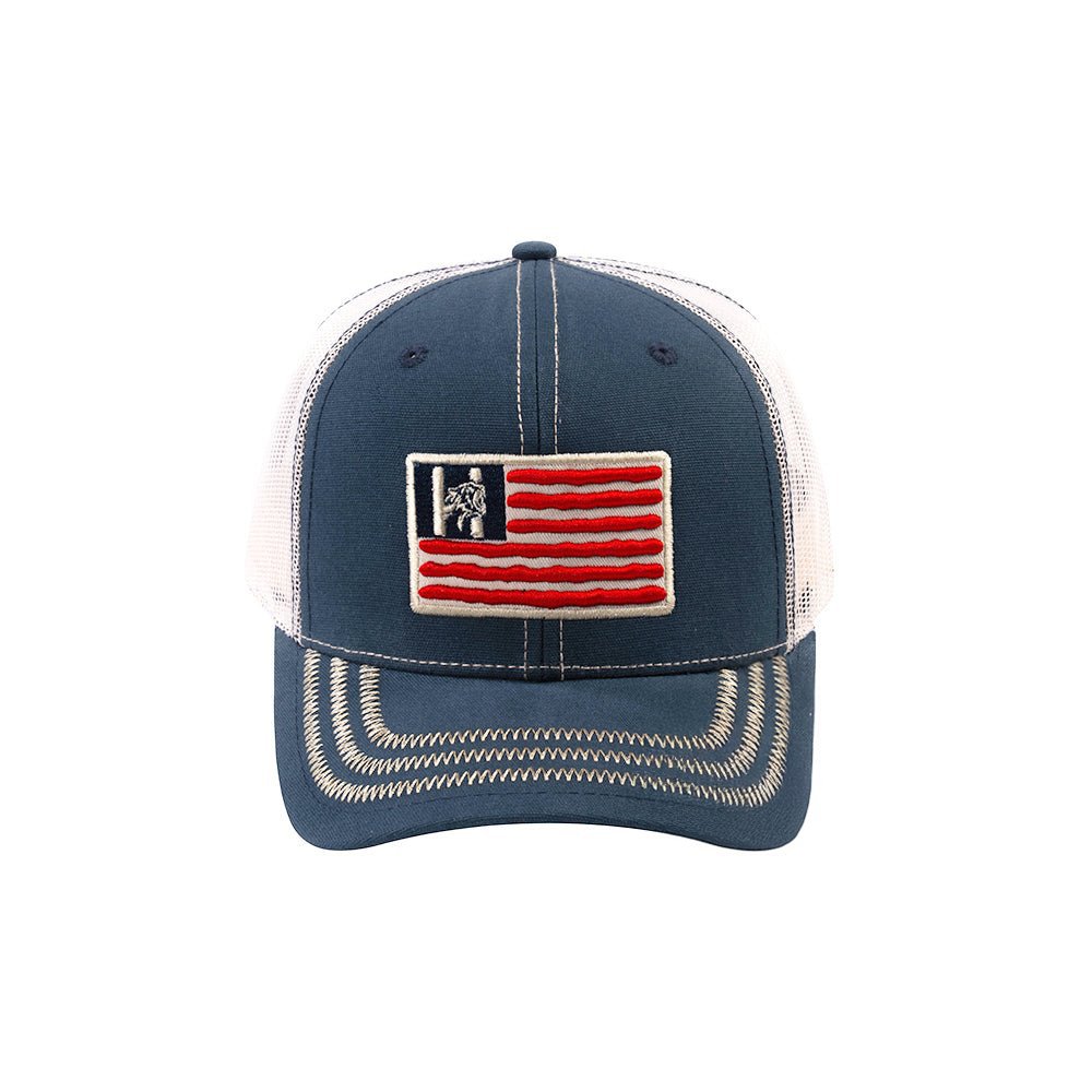US Flag 6-Panel Trucker Hat with Navy front and Beige back