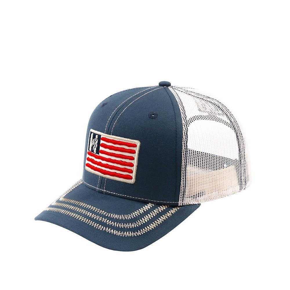 US Flag 6-Panel Trucker Hat with Navy front and Beige back