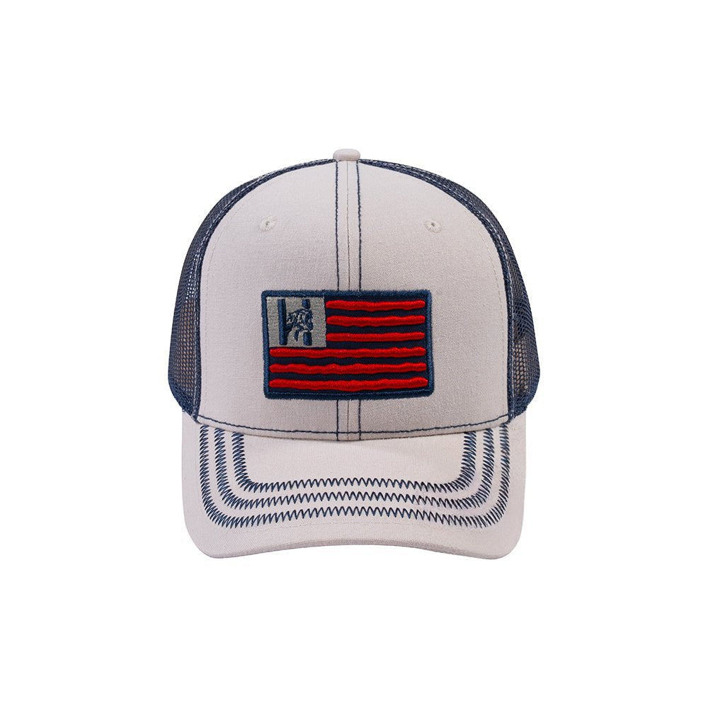 US Flag 6-Panel Trucker Hat with Beige front and Navy back
