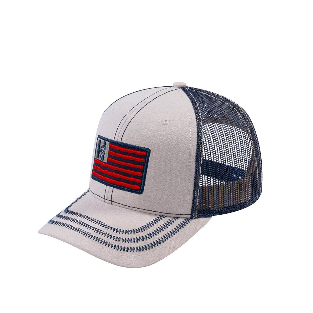 US Flag 6-Panel Trucker Hat with Beige front and Navy back
