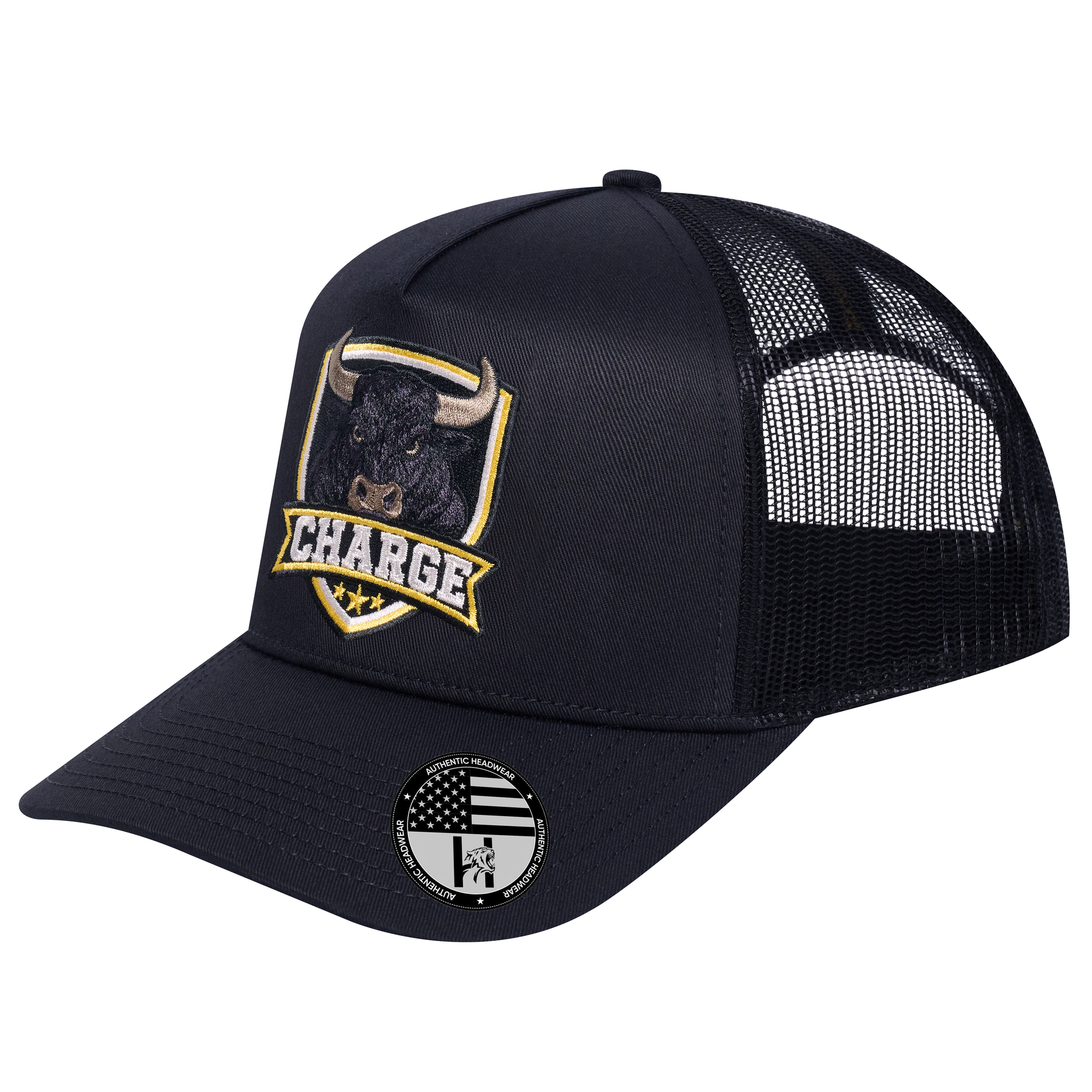 The Charge 5-Panel Trucker Hat - Black front and Black mesh back - angled view