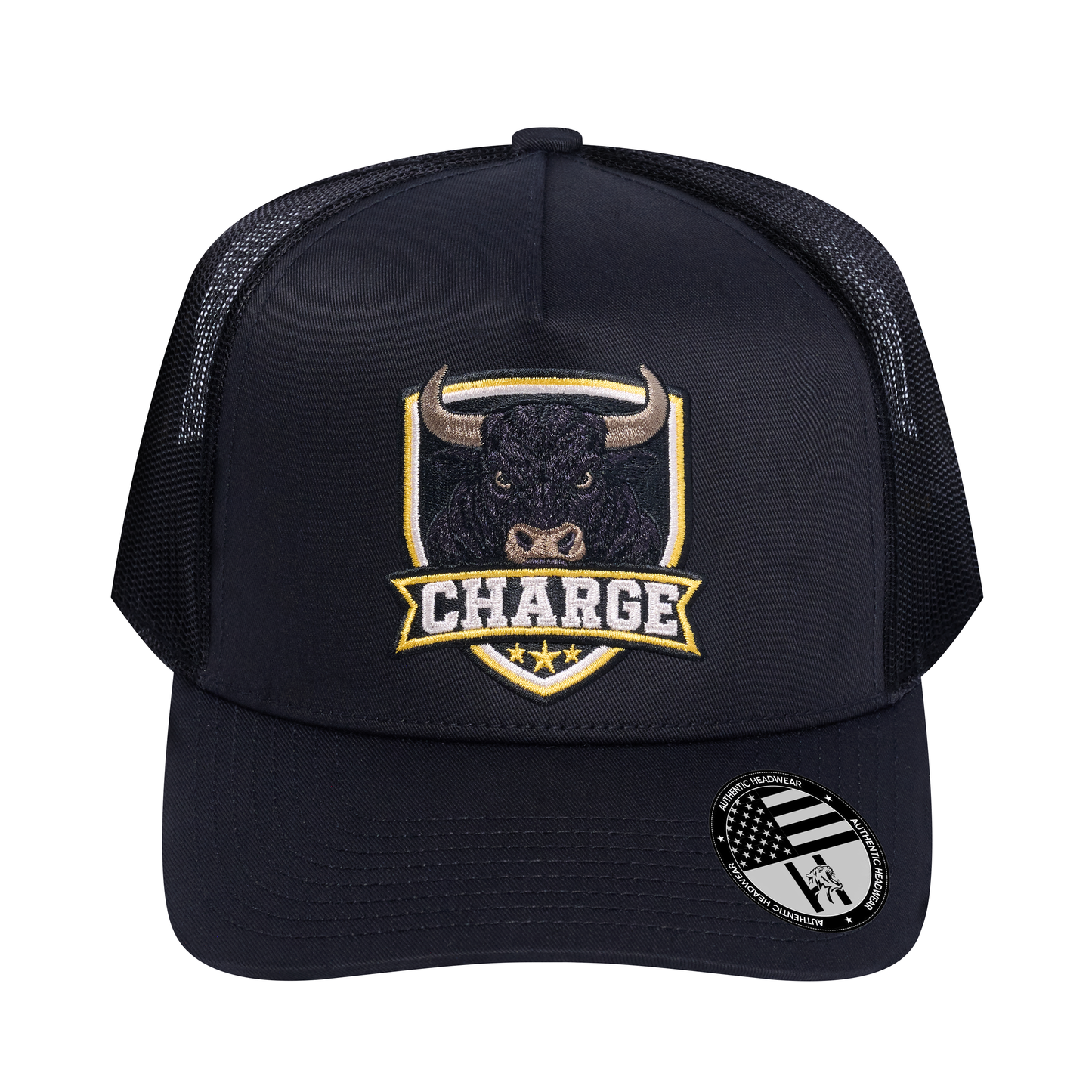 The Charge 5-Panel Trucker Hat - Black front and Black mesh back - front view