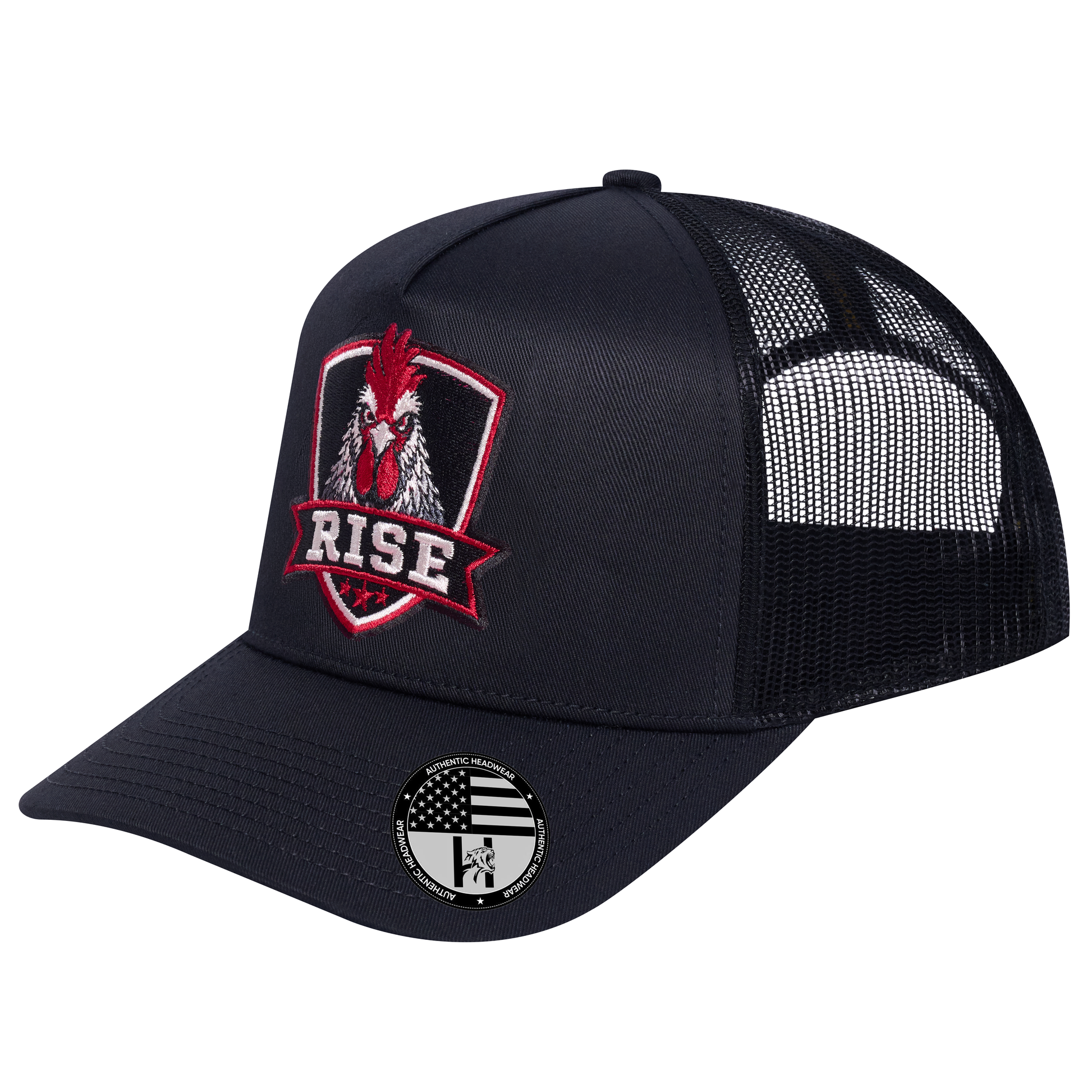 The Rise Rooster 5-Panel Trucker Hat - Black front and Black mesh back - angled view