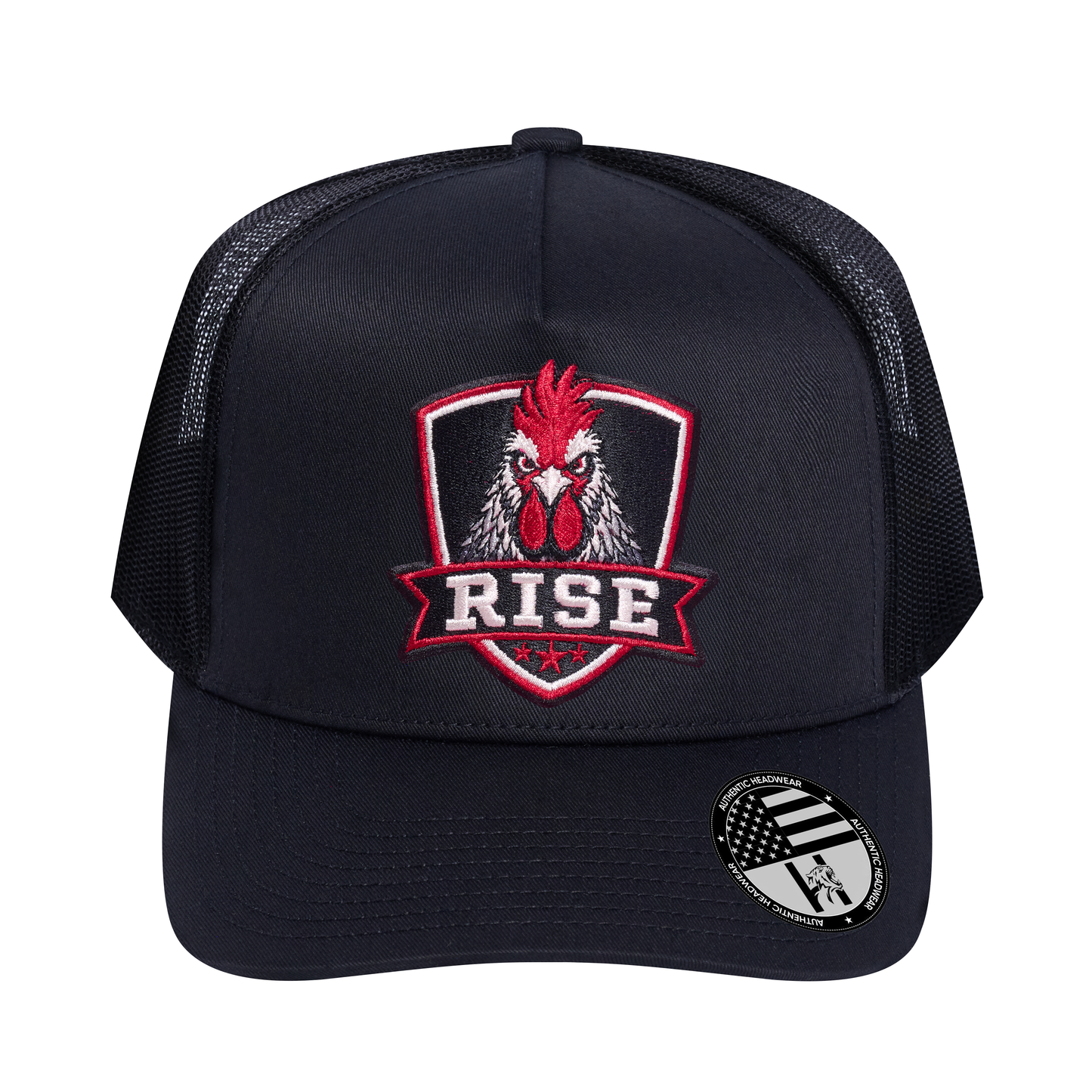 The Rise Rooster 5-Panel Trucker Hat - Black front and Black mesh back - front view