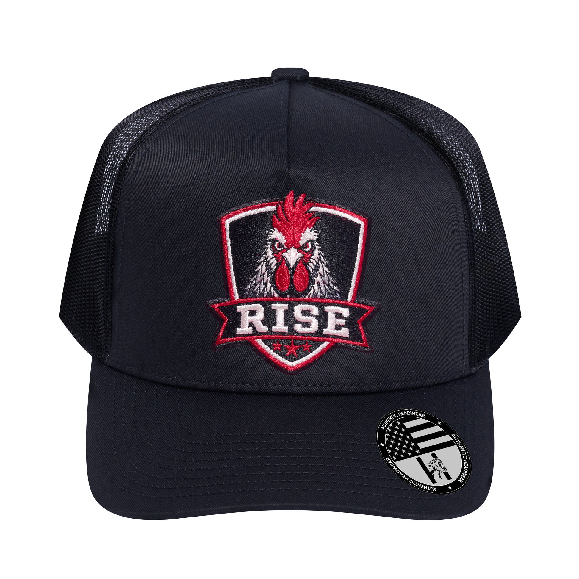 The Rise Rooster 5-Panel Trucker Hat - Black front and Black mesh back - front view