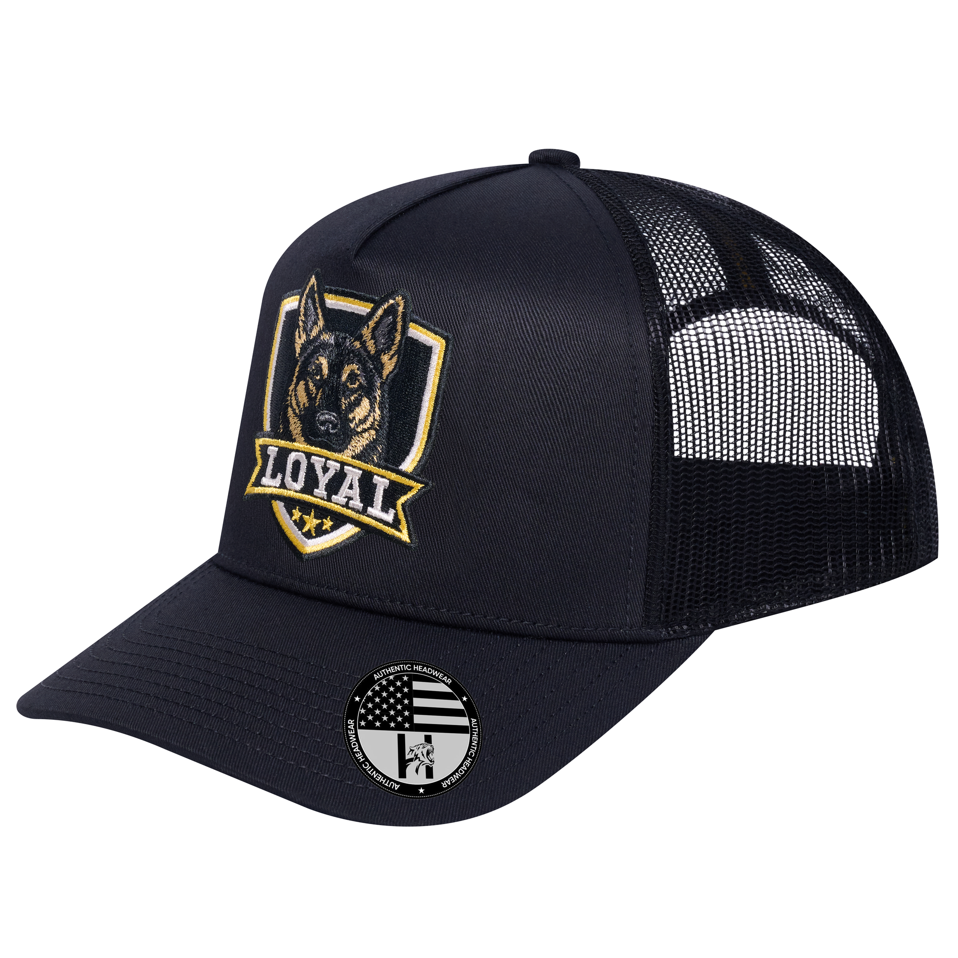 The Loyal 5-Panel Trucker Hat - Black front and Black mesh back - angled view
