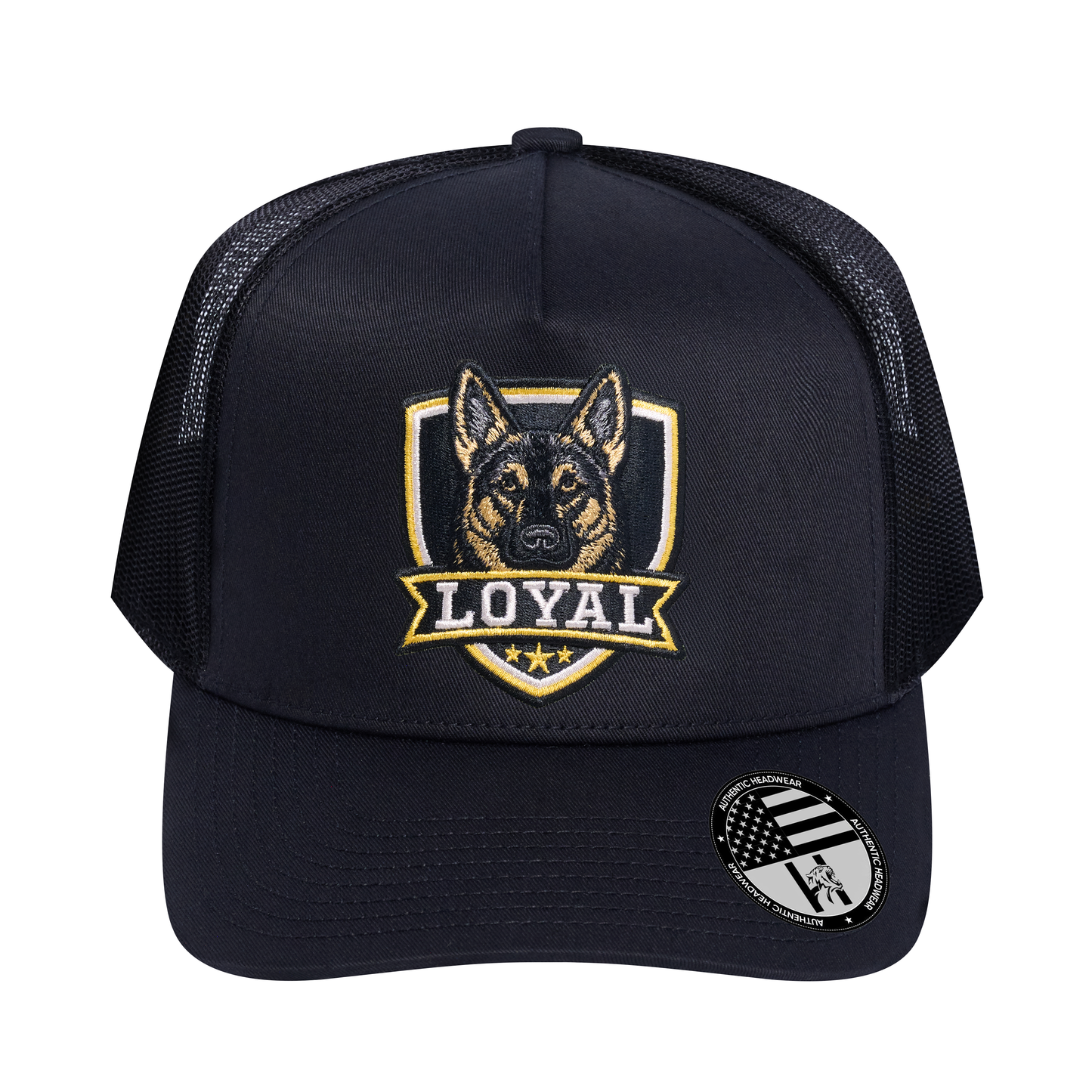 The Loyal 5-Panel Trucker Hat - Black front and Black mesh back - front view