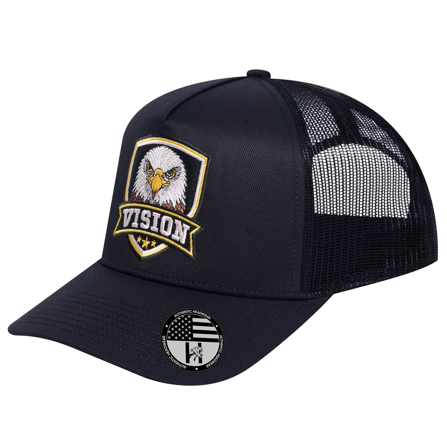 The Vision 5-Panel Trucker Hat - Black front and Black mesh back - angled view