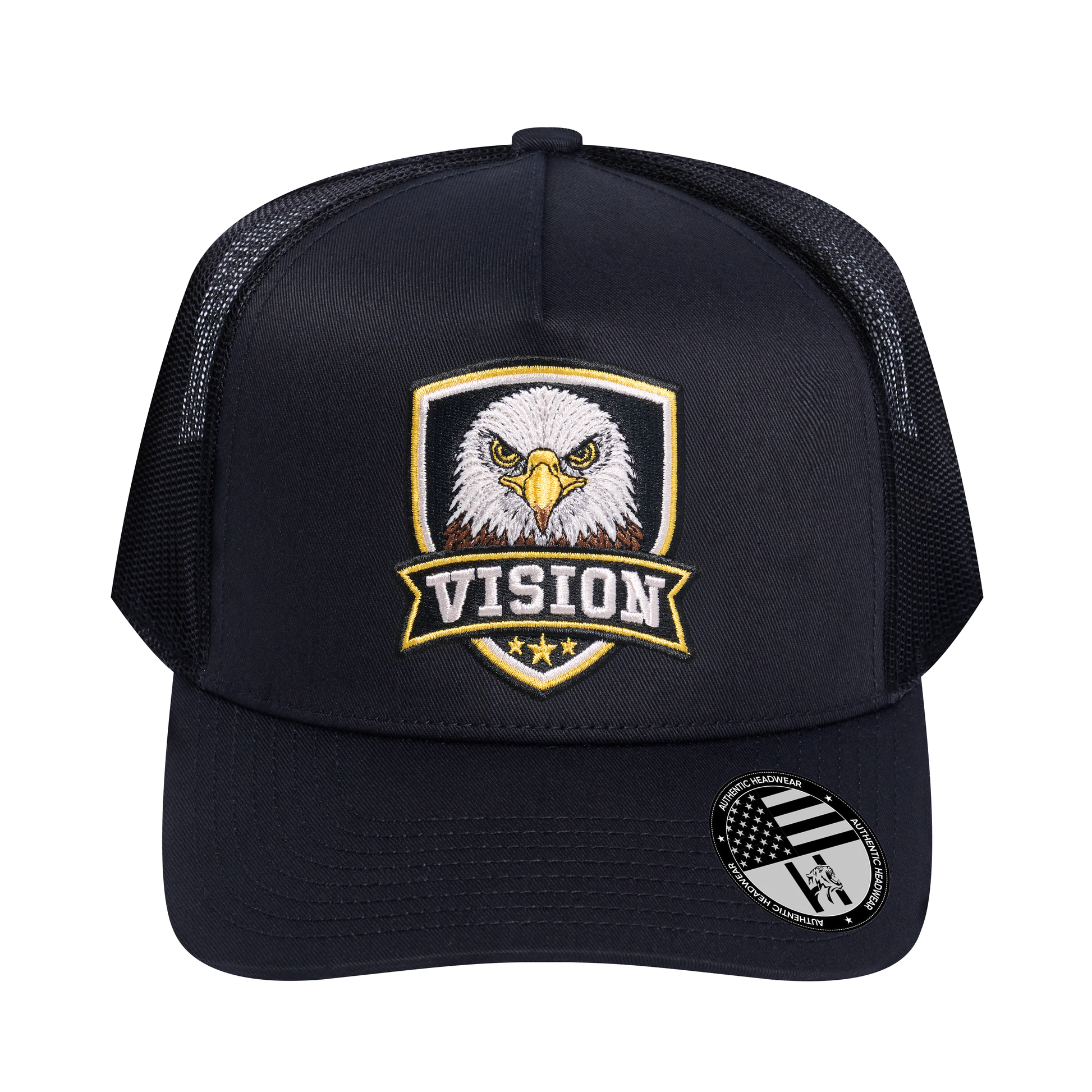 The Vision 5-Panel Trucker Hat - Black front and Black mesh back - front view