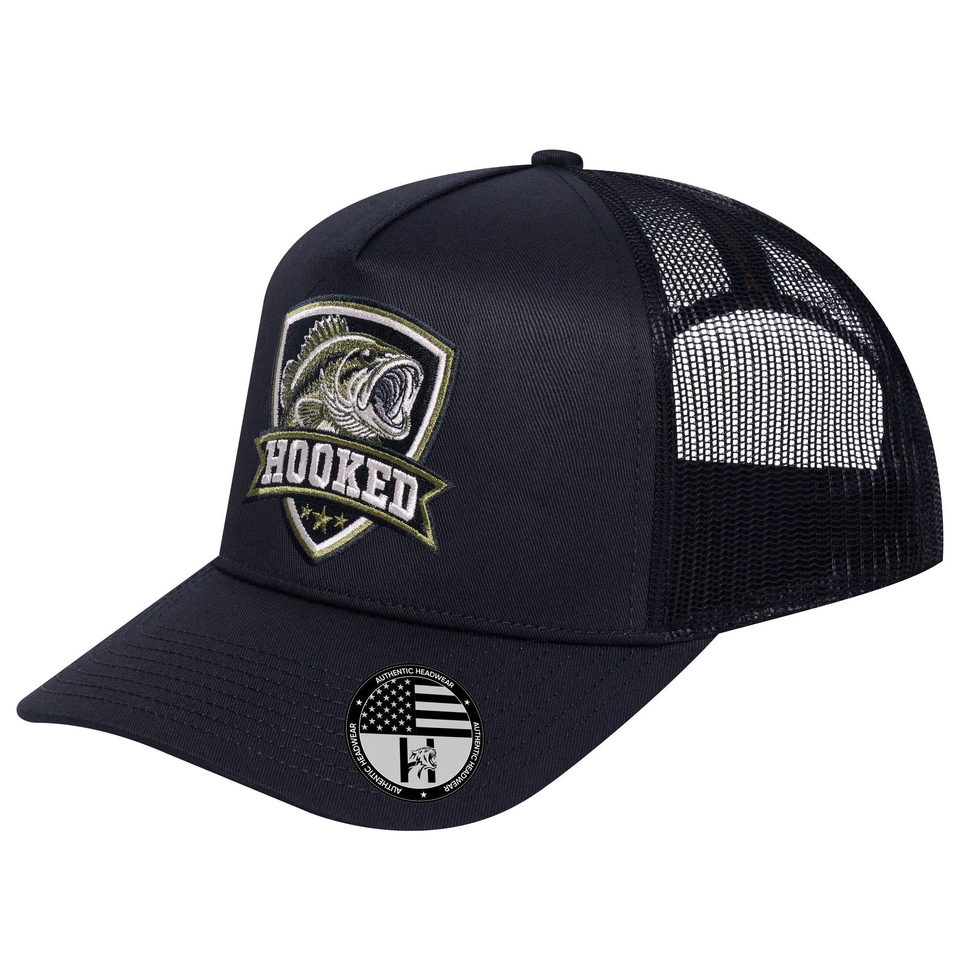 The Hooked Fishing 5-Panel Trucker Hat - Black front and Black mesh back - angled view