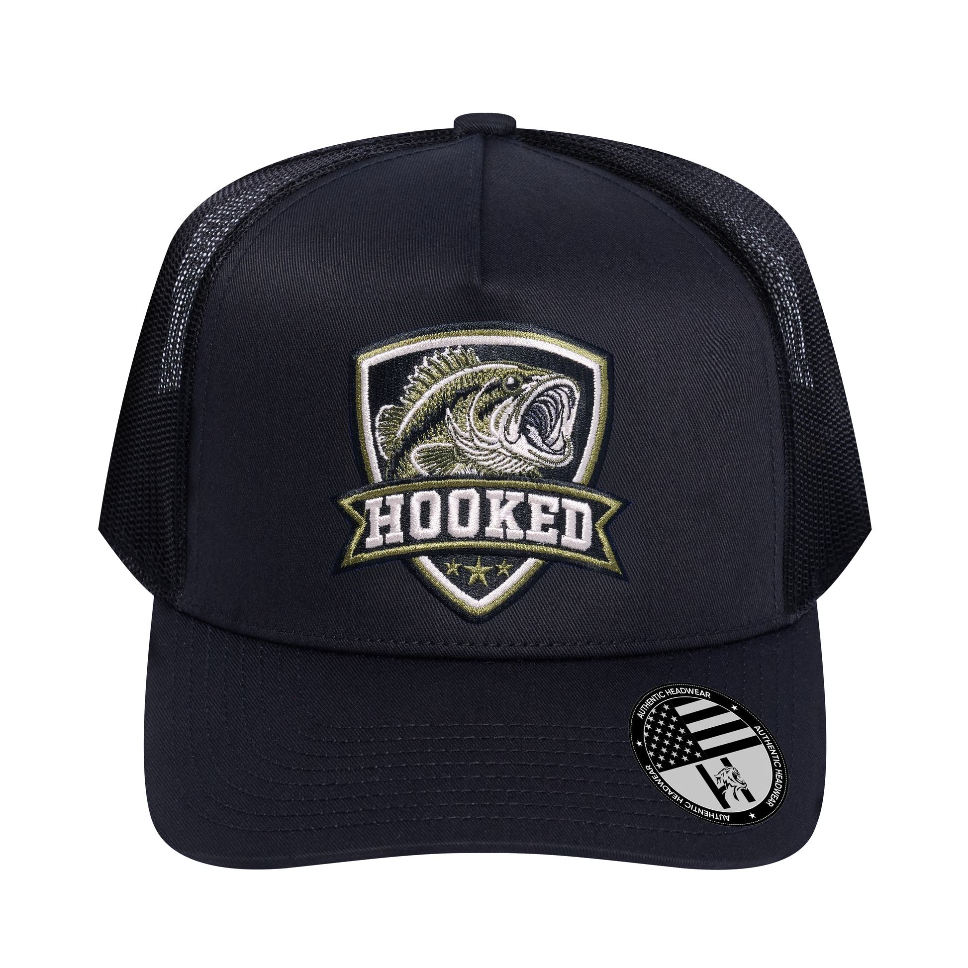 The Hooked Fishing 5-Panel Trucker Hat - Black front and Black mesh back - front view