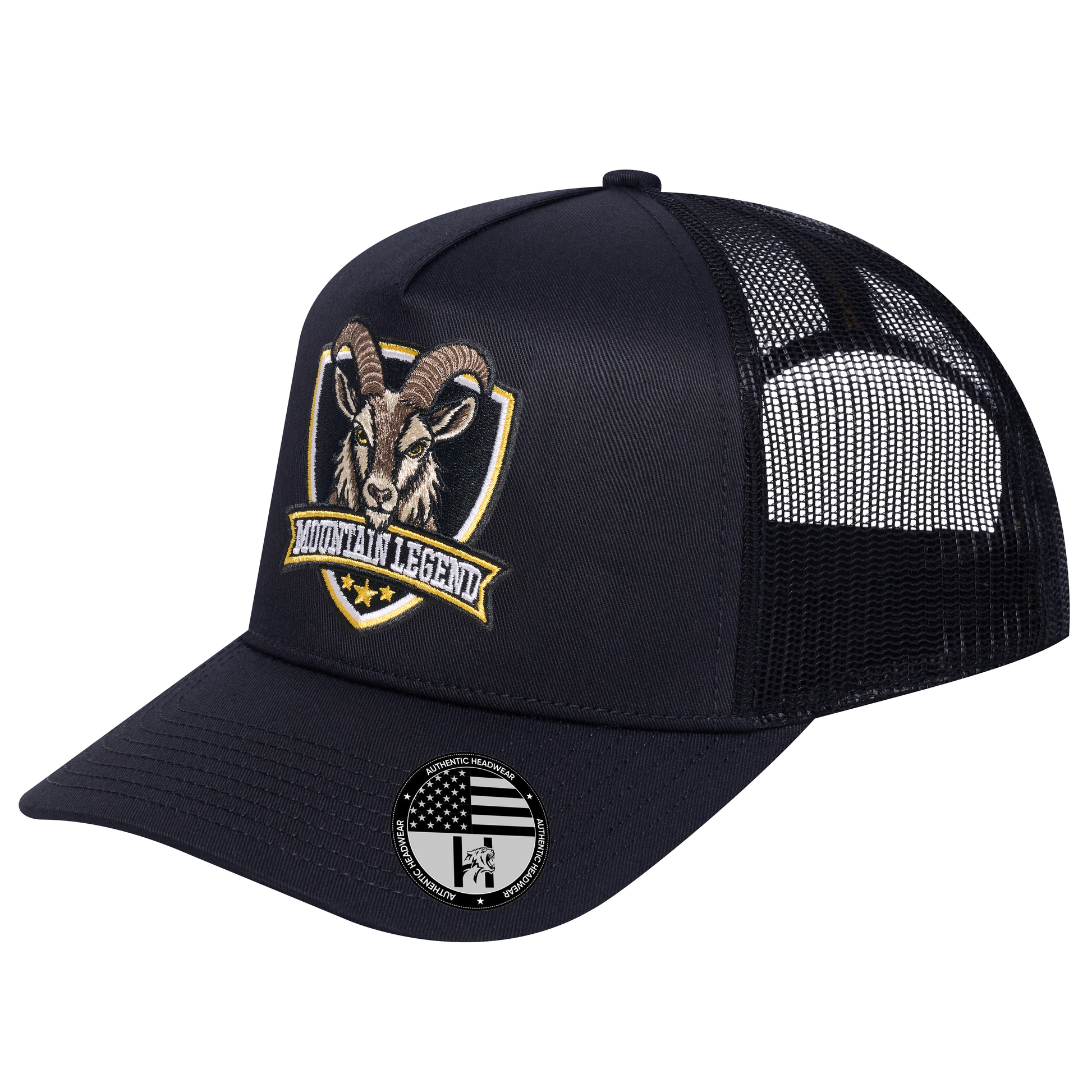 The Mountain Legend Goat 5-Panel Trucker Hat - Black front and Black mesh back - angled view