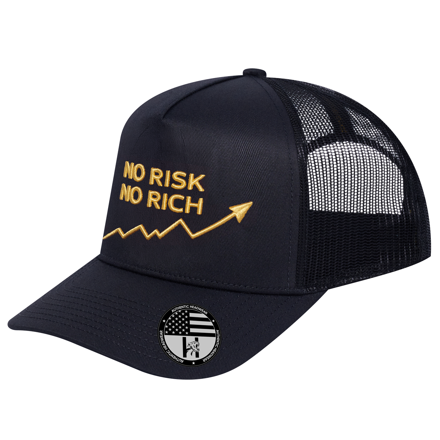No Risk No Rich 5-Panel Trucker Hat - Black front and Black mesh back - angled view