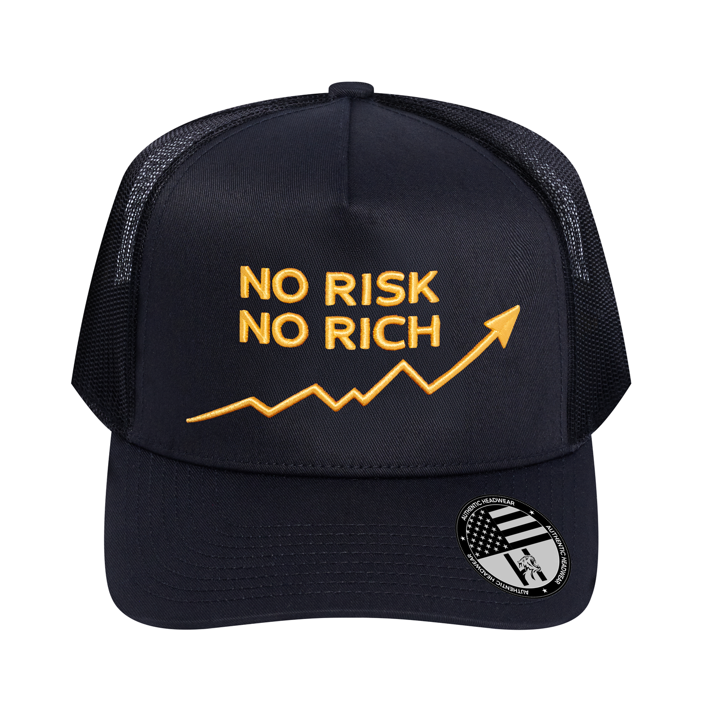 No Risk No Rich 5-Panel Trucker Hat - Black front and Black mesh back - front view