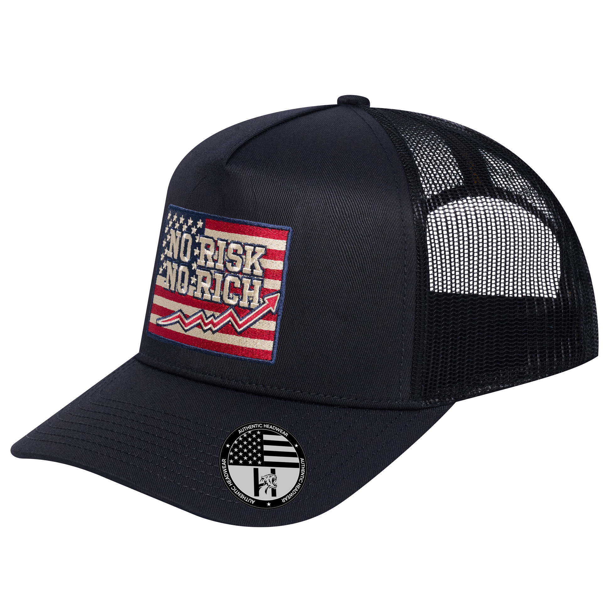 No Risk No Rich US Flag 5-Panel Trucker Hat - Black front and Black mesh back - angled view