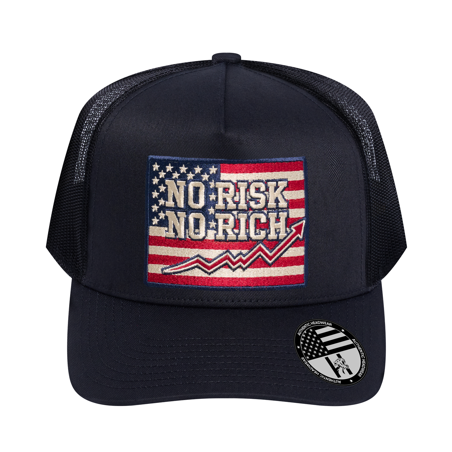 No Risk No Rich US Flag 5-Panel Trucker Hat - Black front and Black mesh back - front view