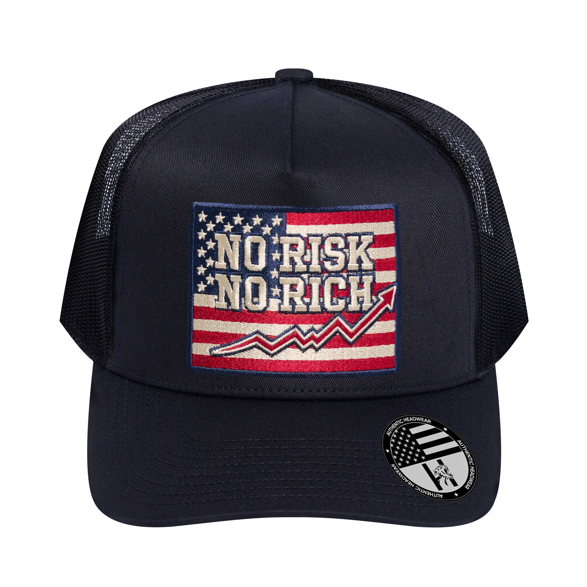 No Risk No Rich US Flag 5-Panel Trucker Hat - Black front and Black mesh back - front view
