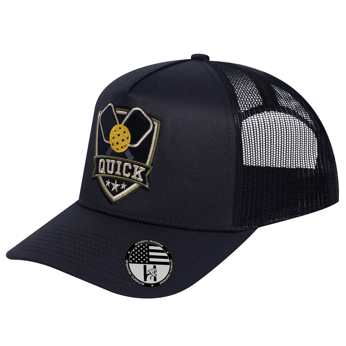 The Quick Pickleball 5-Panel Trucker Hat - Black front and Black mesh back - angled view