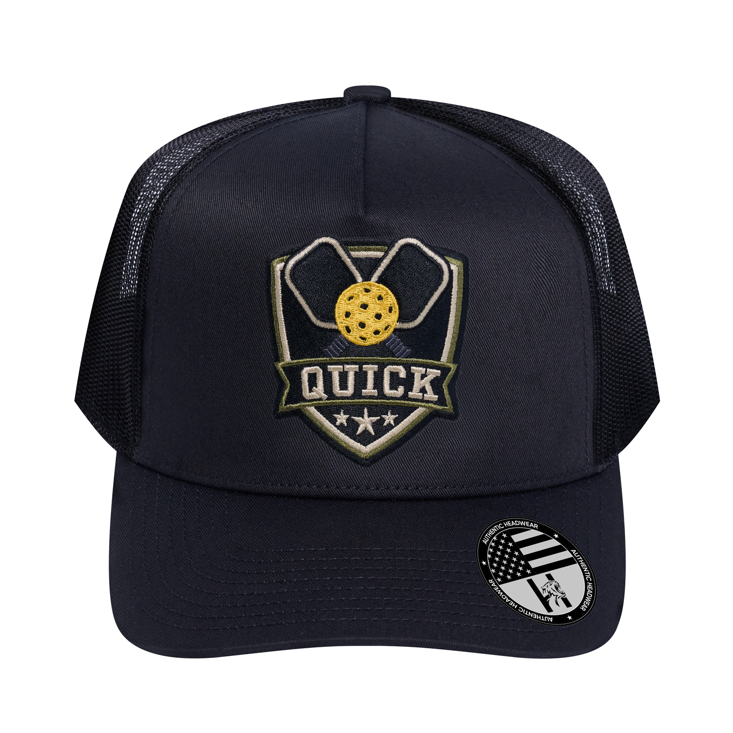 The Quick Pickleball 5-Panel Trucker Hat - Black front and Black mesh back - front view