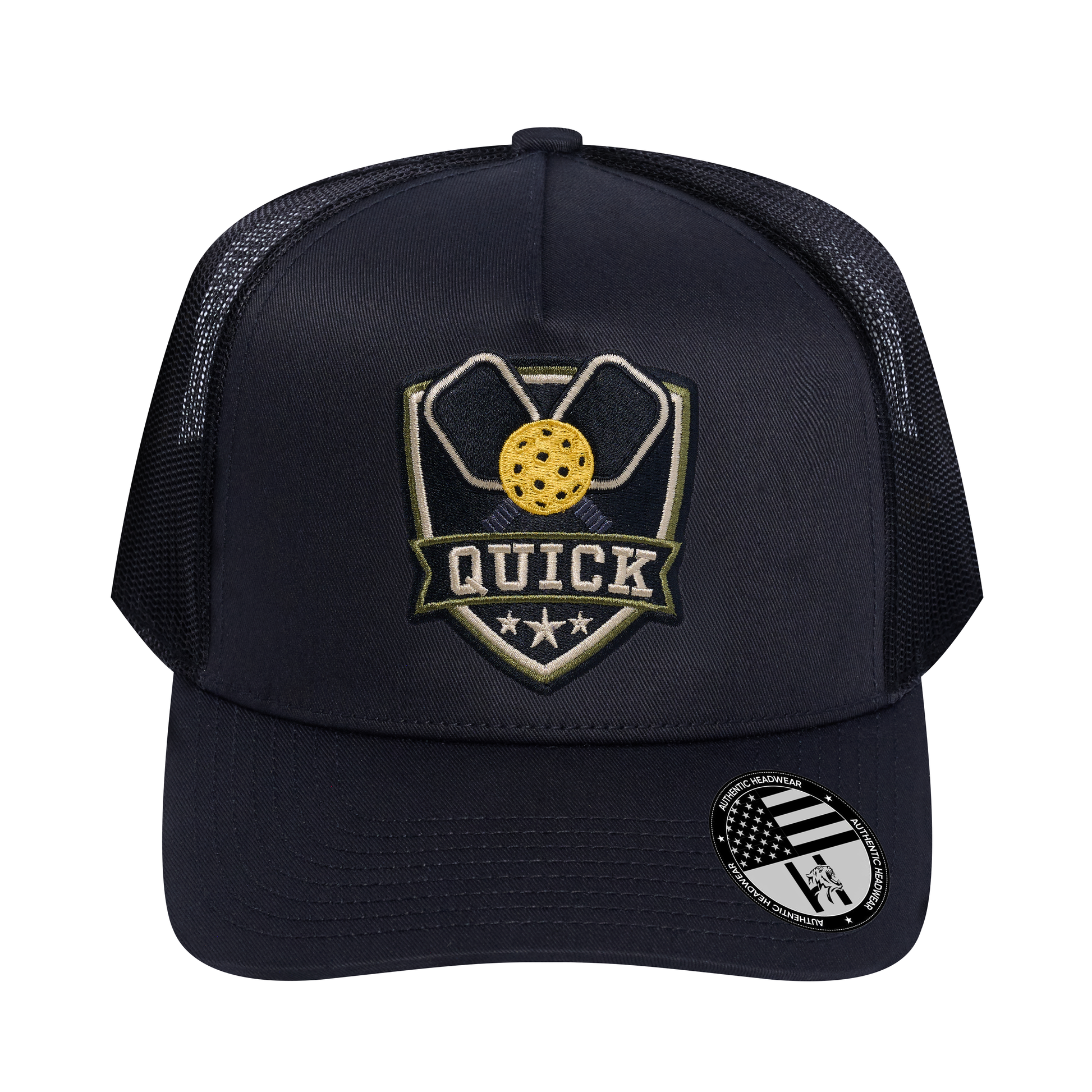 The Quick Pickleball 5-Panel Trucker Hat - Black front and Black mesh back - front view