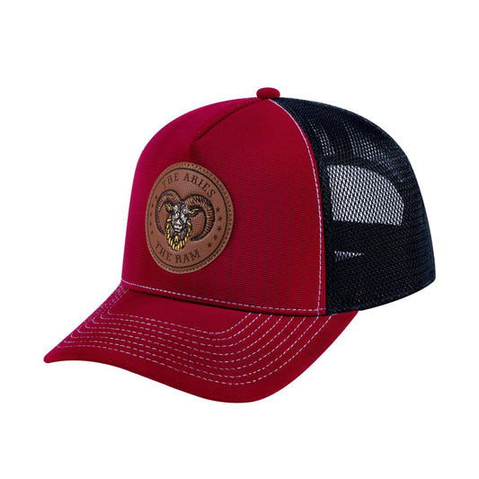 Unisex V2 Embroidered And Laser-Engraved Aries Zodiac (March 21, April 19), 5-Panel Trucker Hat, Burgundy/Black, Adjustable Fit