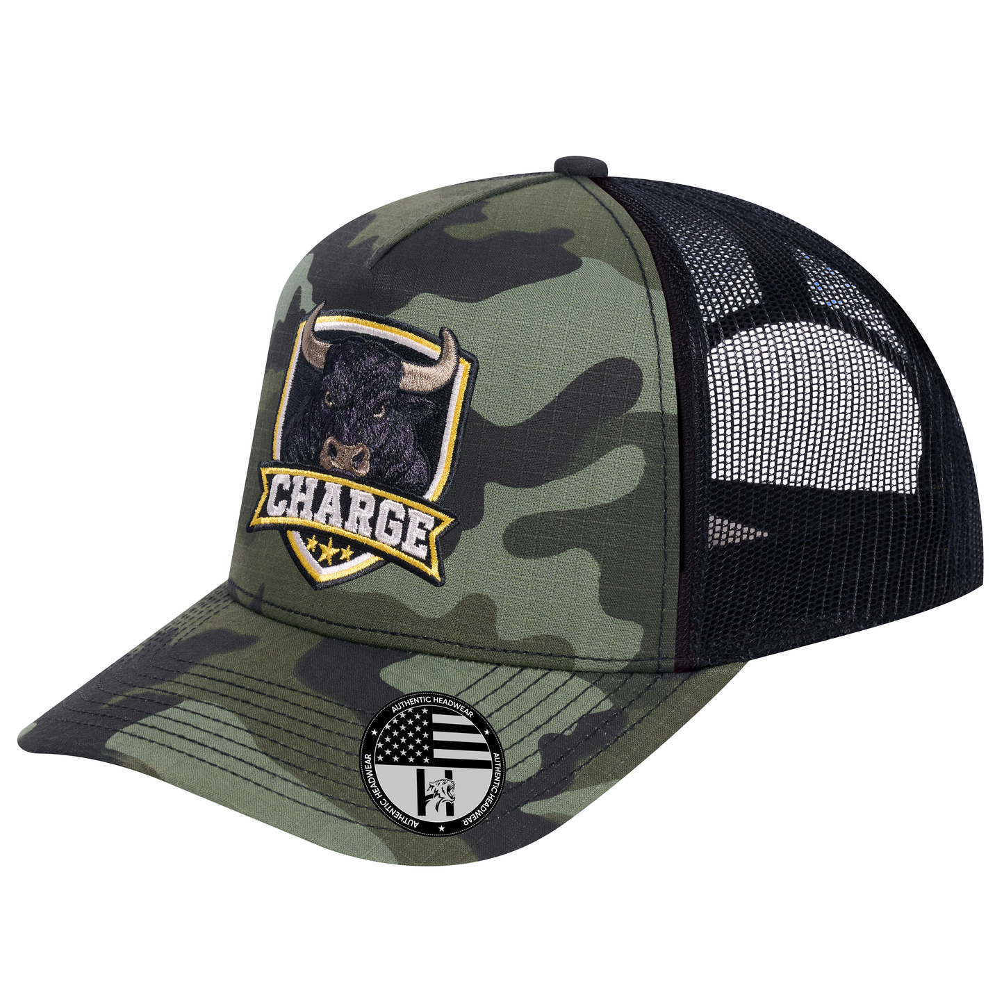 The Charge 5-Panel Trucker Hat - Green Camo front and Black mesh back - angled view