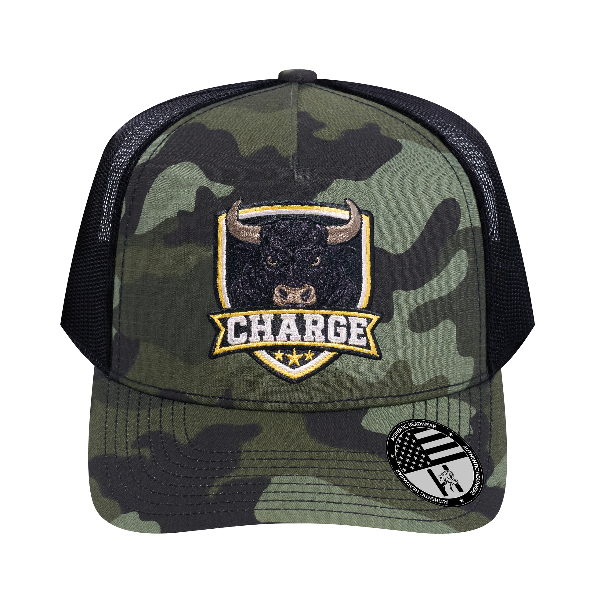 The Charge 5-Panel Trucker Hat - Green Camo front and Black mesh back - front view
