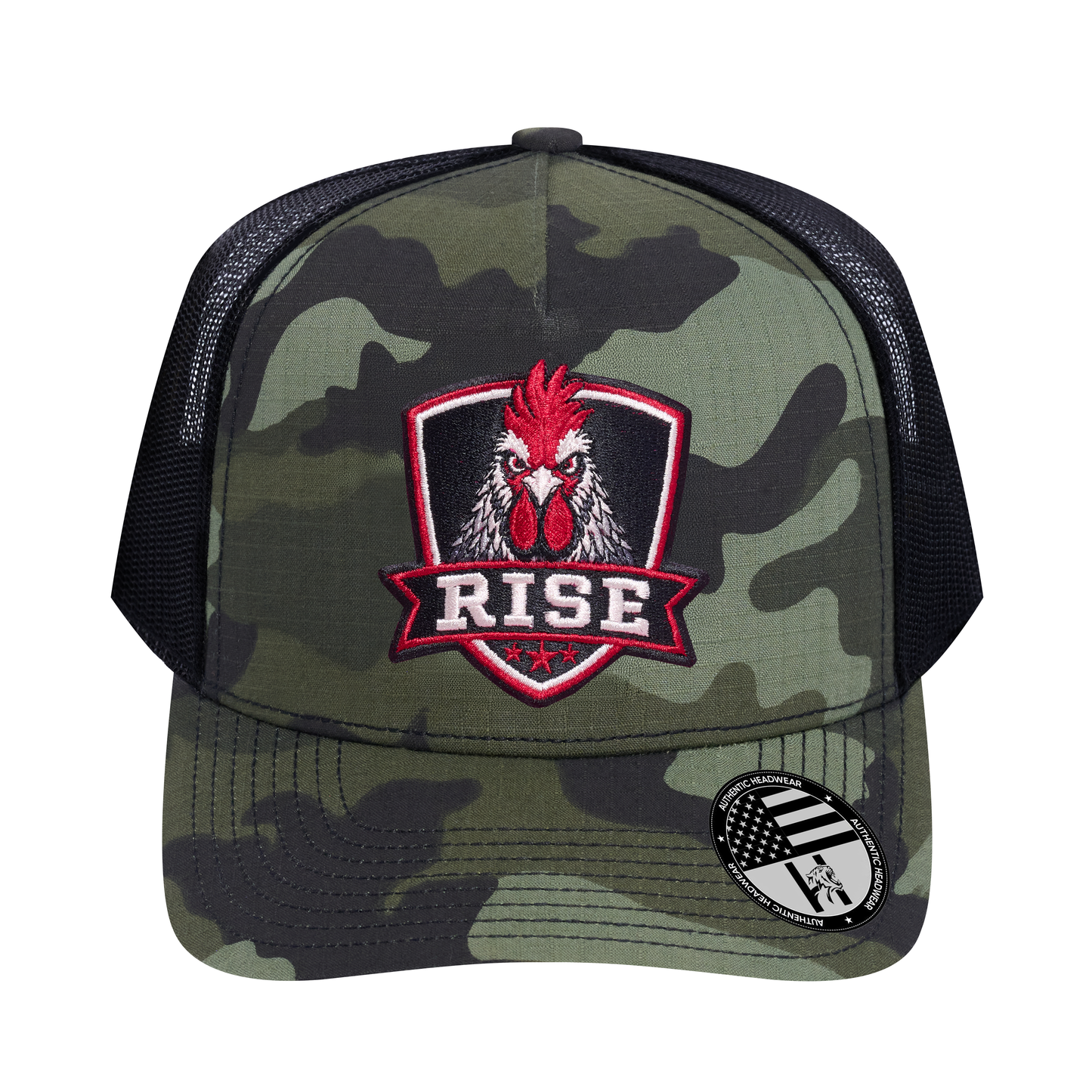The Rise Rooster 5-Panel Trucker Hat - Green Camo front and Black mesh back - front view