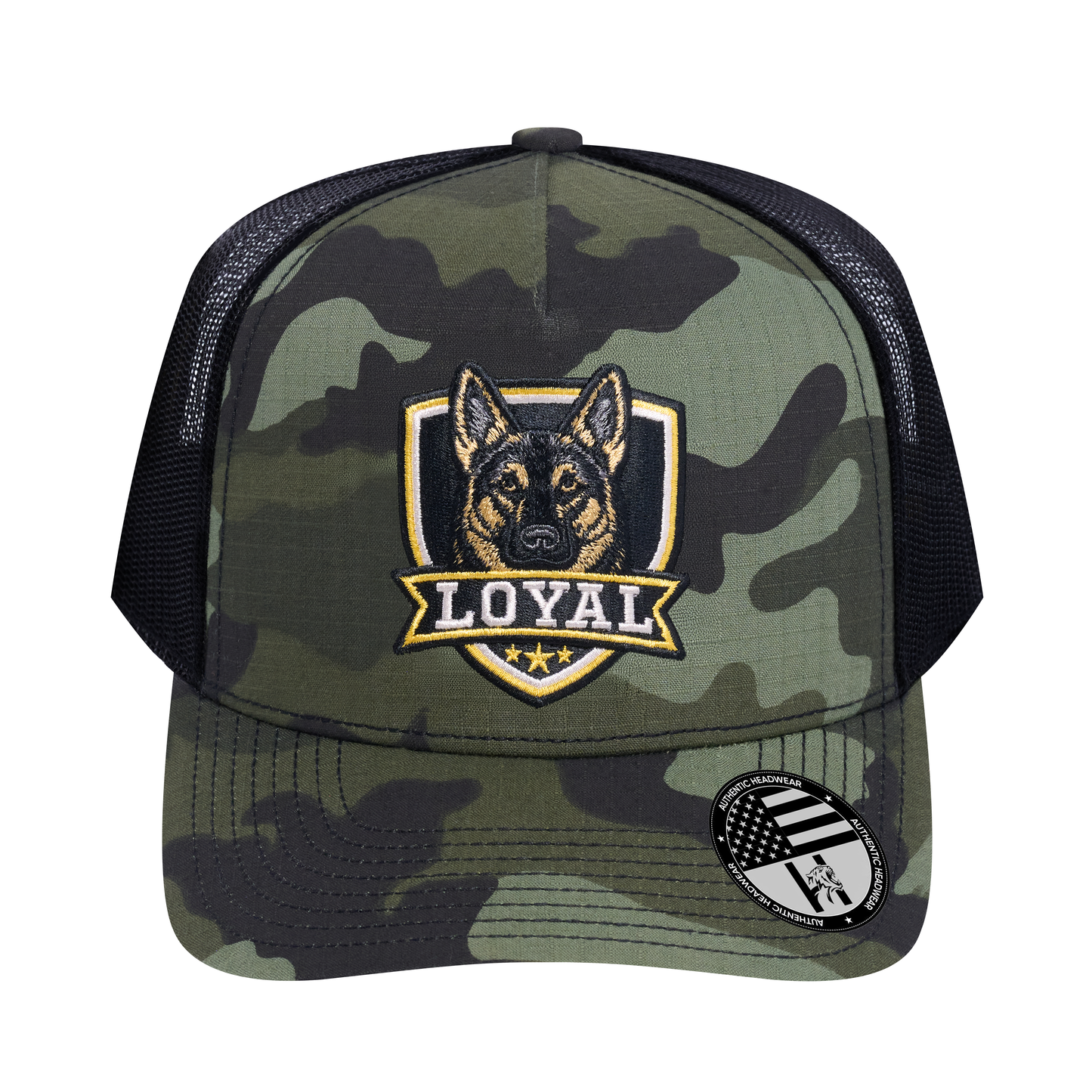 The Loyal 5-Panel Trucker Hat - Green Camo front and Black mesh back - front view