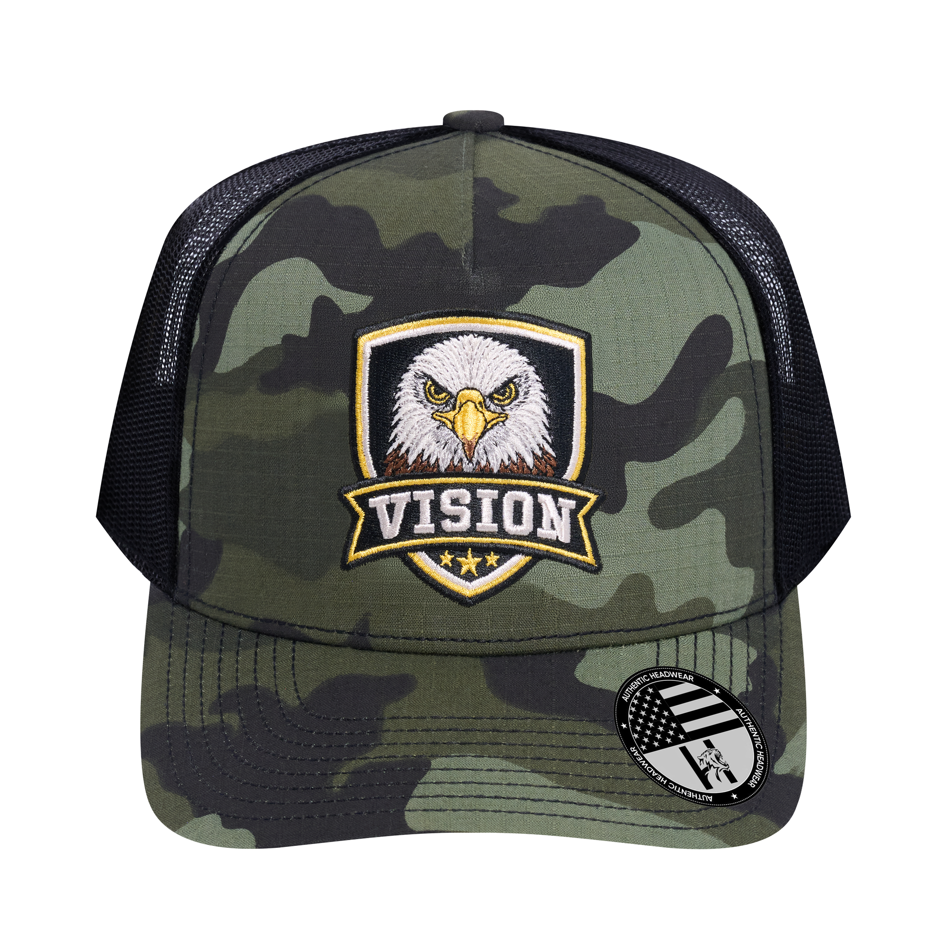 The Vision 5-Panel Trucker Hat - Green Camo front and Black mesh back - front view