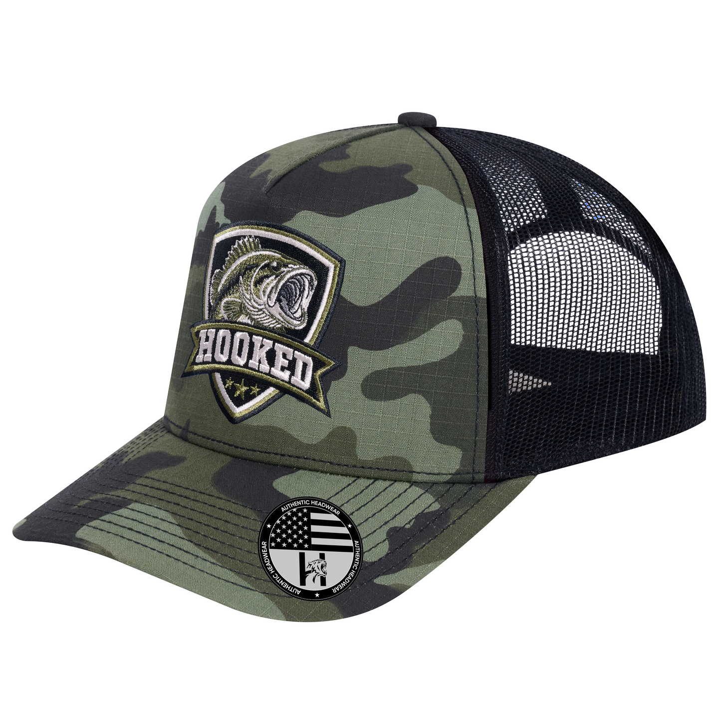 The Hooked Fishing 5-Panel Trucker Hat - Green Camo front and Black mesh back - angled view