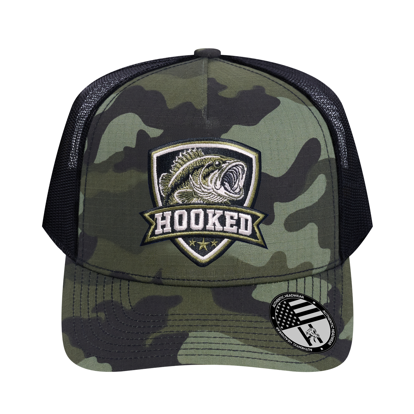The Hooked Fishing 5-Panel Trucker Hat - Green Camo front and Black mesh back - front view